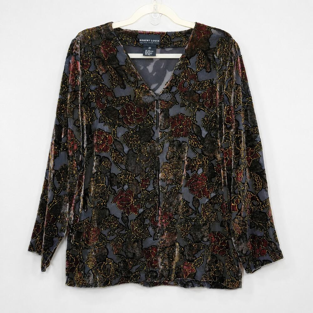 Robert Louis Silk Velvet Burnout Sheer Jacket Floral Black Burgundy Gold L